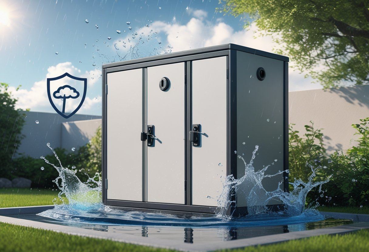 Une armoire extérieure étanche installée dans un jardin, protégée de la pluie avec des gouttes d'eau rebondissant sur sa surface.