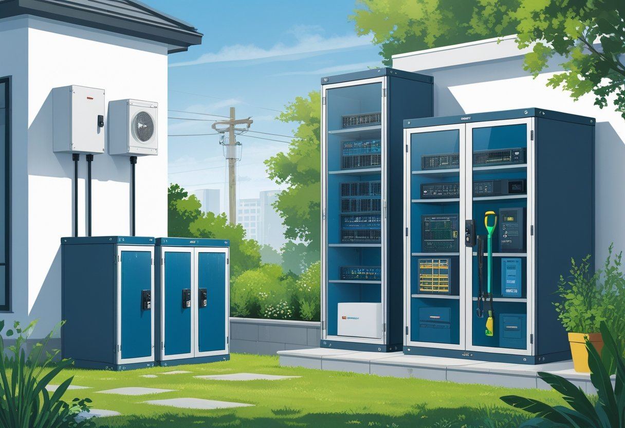Plusieurs armoires extérieures étanches installées dans différents environnements extérieurs, protégeant des équipements électriques, des outils de jardinage et des dispositifs de réseau.