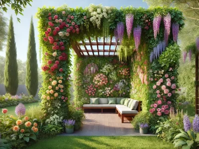 dall·e 2025 01 21 13.58.01 a high definition realistic image of a lush garden wall covered with vibrant climbing plants. the wall features a variety of climbing plants like ivy,