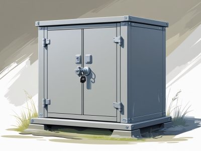Armoire extérieure étanche posée sur une surface extérieure, avec des portes fermées et un design robuste.